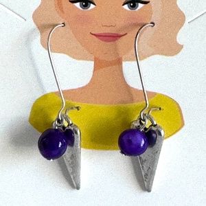 VTG - Long Silver Heart and Purple Shell Earrings with Long Silver Hooks #393